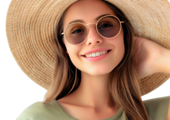 Closeup portrait of happy beautiful young woman with brunette hair wearing summer sunglasses and straw hat and olive green t shirt, isolated on transparent background. Beach vacation relax,model smile