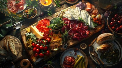 Fototapeta premium Elegant vegan charcuterie, rich textures, closeup, warm ambient lighting