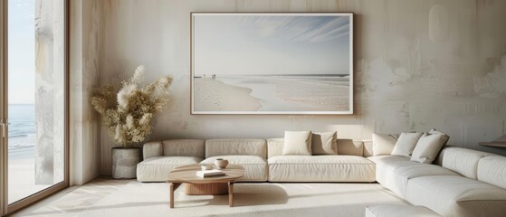 The serene atmosphere of a coastal living room is amplified by a frame mockup, its sleek design marrying the simplicity of the beach with interior elegance