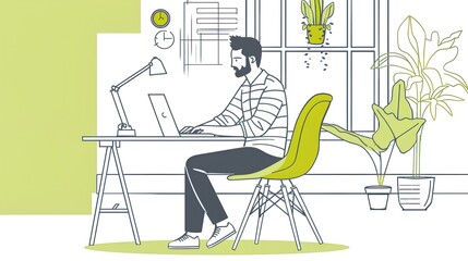 Freelance and remote work concept. Young man working on laptop at home. Freelance job. flat line design.