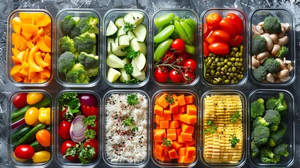 Healthy meal prep containers lined up, variety of colorful vegetables, top view