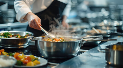 A professional chef expertly stirs a steaming pan of colorful vegetables in a busy commercial kitchen.