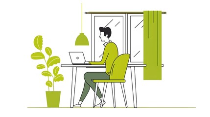 Freelance and remote work concept. Young man working on laptop at home. Freelance job. flat line design.