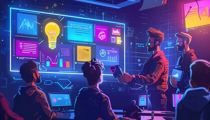 A group of people are working on a project in a high-tech office