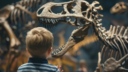 boy looking skeleton dinosaur in the museum