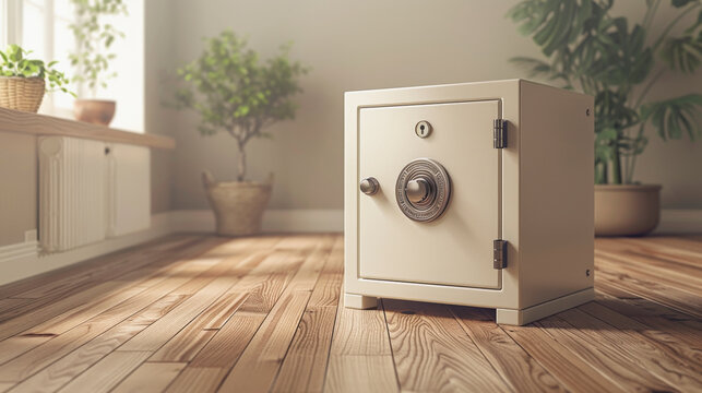 A closed metal safe with a combination lock sits on a wooden floor in a well-lit room with potted plants, suggesting home security and privacy.