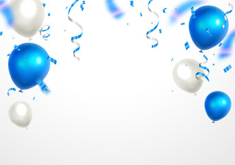 Celebration banner with blue and white confetti and balloons