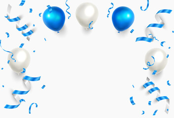 Helium balloon and ribbons background. Luxury blue foil balloons with confetti in white background vector