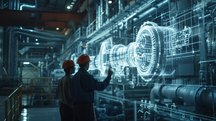 Two engineers in hard hats are analyzing a holographic display of mechanical components in a high-tech industrial facility.