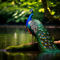 Naklejka premium elegant peacock standing by the water amidst the forest natures beauty captured in vibrant colors,generate ai