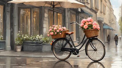 Digital artwork captures a rainy day in the city with a bicycle adorned with flowers