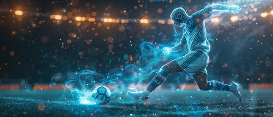 half Human half Artificial Intelligence playing soccer athlete in a soccer uniform shooting a soccer ball in the air, advertising banner