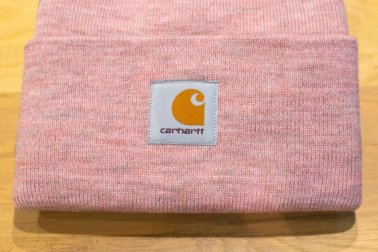 A close-up of Carhartt men's knit beanie with the logo on March 9, 2024, in Bangkok, Thailand.