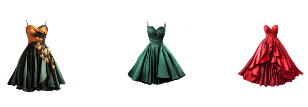 Green & red dress on transparent background cutout, PNG file. Many assorted different colors