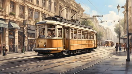 A digitally painted image of a classic tram on a lively street filled with people and buildings The scene conveys a sense of everyday urban life