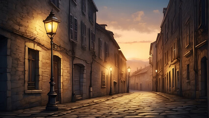 Obraz premium An old-time cobblestone street illuminated by street lamps during twilight with vintage buildings creating an intimate atmosphere