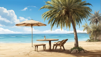 Fototapeta premium Idyllic beach setup with a table and chair under the shade of a palm, with tranquil turquoise waters in the background