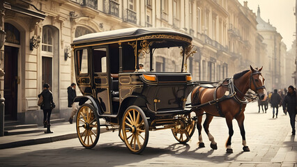 Fototapeta premium A beautifully rendered image capturing a vintage horse carriage against the backdrop of an old European street scene invoking a feeling of nostalgia