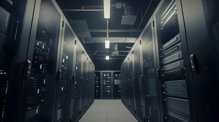 Expansive Data Center Facility with Rows of Interconnected Server Racks