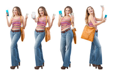 Collage set of smiling young woman showing mobile phone screen and credit card, smartphone for...