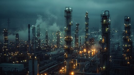 Obraz premium Against the backdrop of a dark sky, the complex industrial facility shines with lights, showcasing the intricate process of petrochemical production 8K , high-resolution, ultra HD,up32K HD