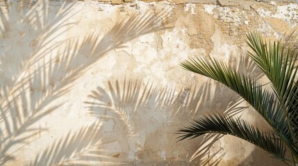 Obraz premium palm tree soft shadow, textured wall plaster, dubai historical building, neutal tones