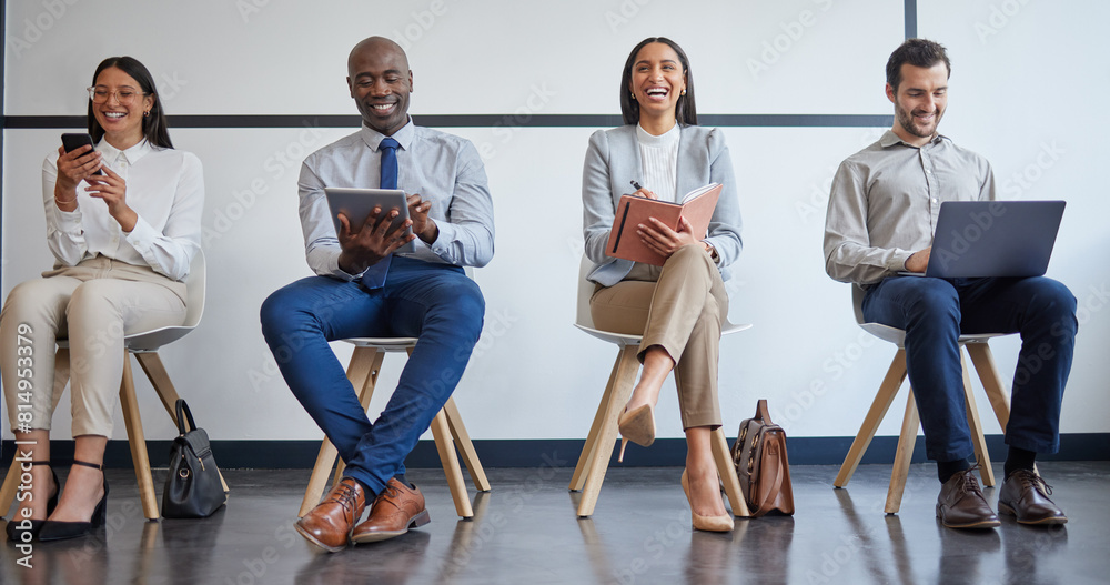 Poster recruiting, technology and business people in waiting room for hiring process, career opportunity an
