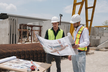International architect, engineer looking at blueprints at industrial factory Heavy industrial production plants.