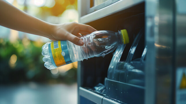 A hand put empty plastic bottle in the machine, Reverse vending machine for refund and recycling metal, Recycling machine that dispenses cash, Recycling concept