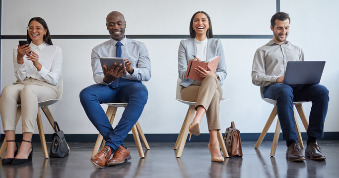 Recruiting, technology and business people in waiting room for hiring process, career opportunity and writing notes. Queue, happy men and women in lobby for job interview with networking and notebook