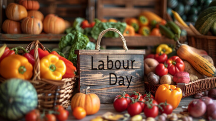 The words "Labour Day" engraved into the polished wooden surface of a rustic farmhouse table, surrounded by baskets overflowing with freshly harvested produce.