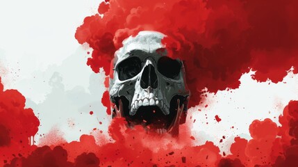 A striking illustration of a flaming skull enveloped by red smoky clouds, exuding a sense of epic chaos.
