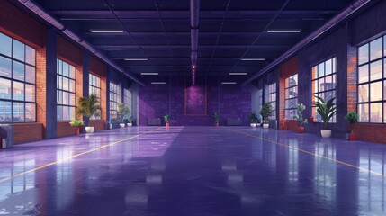 Fototapeta premium An empty industrial loft-style warehouse with shiny floors, large windows, and exposed brick walls.