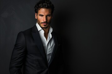 Fototapeta premium Male Model in Black Suit. Generative AI.