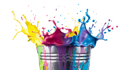 Silver bucket with abstract colorful paint splash isolated on transparent background. Creative fluid watercolor splatter drip in yellow, blue, purple and red colors