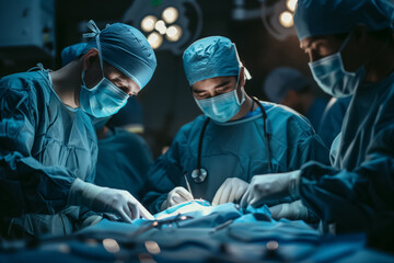 Surgeons in blue scrubs perform a critical surgery in a well-equipped operating room, showcasing intense focus and teamwork.