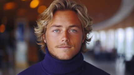 Fototapeta premium Close-up portrait of a young man with blonde hair and blue eyes, wearing a purple turtleneck, with a soft-focus background.