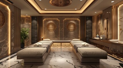 Show the luxurious interior of a high-end spa that offers exclusive services, focusing on the elegant design and relaxing environment that attract a discerning clientele 