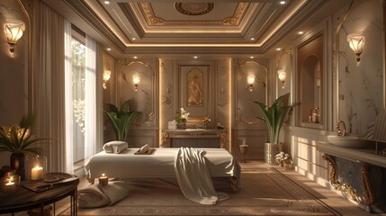 Show the luxurious interior of a high-end spa that offers exclusive services, focusing on the elegant design and relaxing environment that attract a discerning clientele 