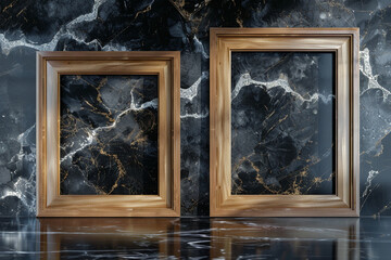 the gallery's side view presents a pair of oversized wooden frames against a glossy black marble wall exhibit exhibit