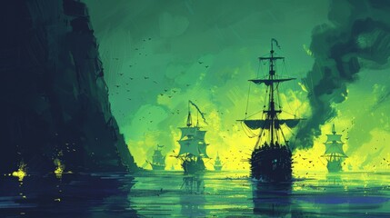 A stylized illustration of ships on a turbulent sea with greenish-yellow hues and dramatic lighting.