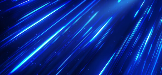 Glowing speed diagonal blue lines on a dark background. Straight fast laser shiny beams motion light. Techno business website element, for web page, banner, desktop, text header
