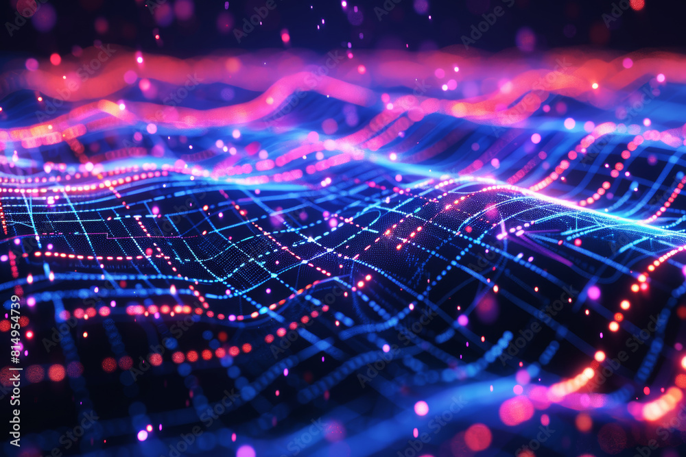Aufkleber neon digital multicolored particles grid, moving dots in cyberspace light waves for hi-tech brochure