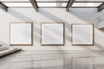 an sleek, minimalist gallery space illuminated by skylights, with three large wooden mockup frames, each housing a pure white void, hanging on a stark white wall exhibit