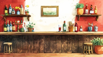 Illustration of an empty rustic bar with wooden tables, stools and shelves with bottles and plants.