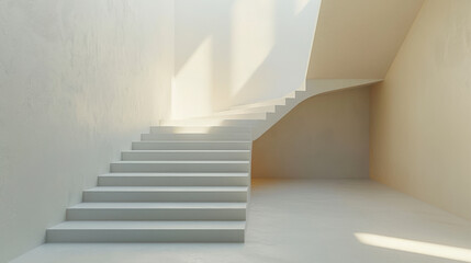 A minimalistic white staircase with sunlight casting soft shadows, creating a serene, modern architectural aesthetic.