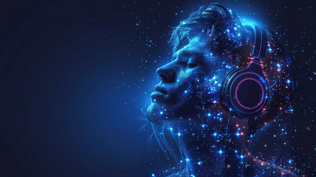 A digital artwork of a person with headphones, featuring a profile outlined with sparkling, star-like lights against a dark blue background, suggesting a cosmic theme.