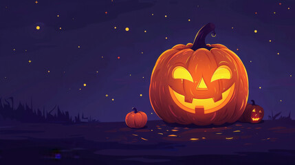 A Halloween-themed digital illustration featuring a large, glowing jack-o'-lantern with a mischievous expression on a moonlit night with scattered pumpkins and twinkling stars.