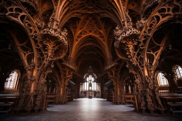 Obraz premium Stunning view of the elaborate gothic craftsmanship inside an ancient cathedral's nave