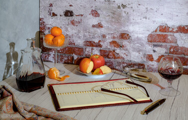 Still life with fruit, wine and glasses